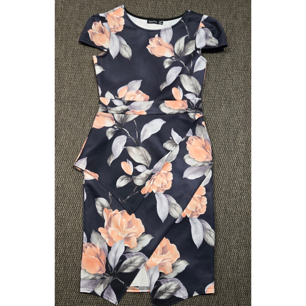 Boohoo Orange Asymmetrical Sheath Dress Puff Sleeve
